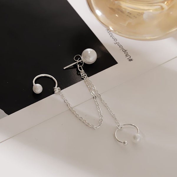 anting satu sisi s925 pearl chain clip earrings (3E3) jan256