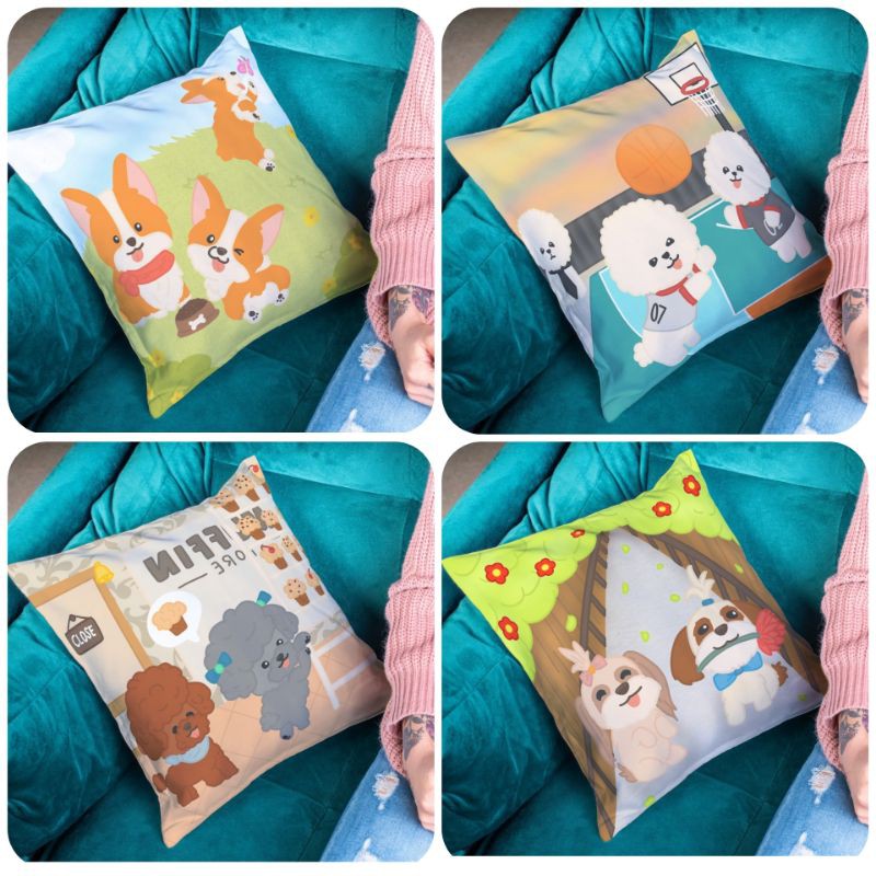 BANTAL SOFA PRINT MOTIF ANJING DOGGY / CUTE PUPPY / DOGGY POODLE / CORGI / BICHON / SHIHTZU 40X40 CM