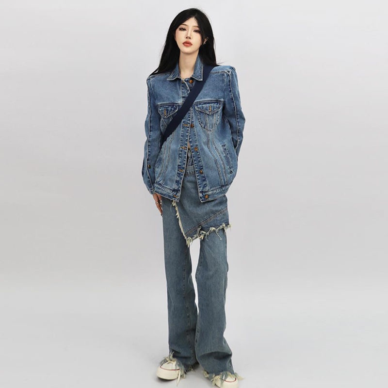 Suhao Street Style Straight Jeans Wanita Musim Semi Desain Baru Sense Kecil Palsu Dua Potongan longgar Flared Wide Pants