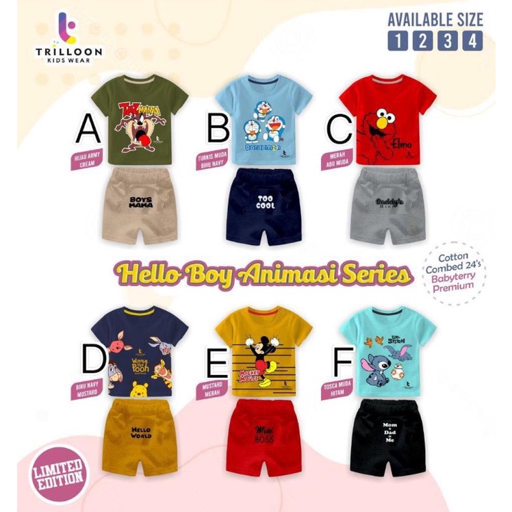 1-4 TAHUN SETELAN HELLO BOY TRILLOON/SETELAN ANIMASI HELLO BOY/SETELAN BAJU ANAK LAKI LAKI MURAH