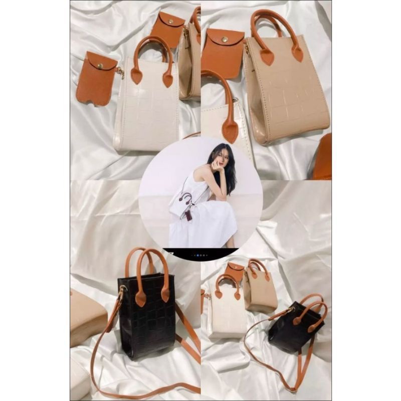 Tas Selempang Wanita Fit Bag Black Fashion Korea/Fit Bag White Murah/Sling Bag Mini Croco Muat HP/Pr