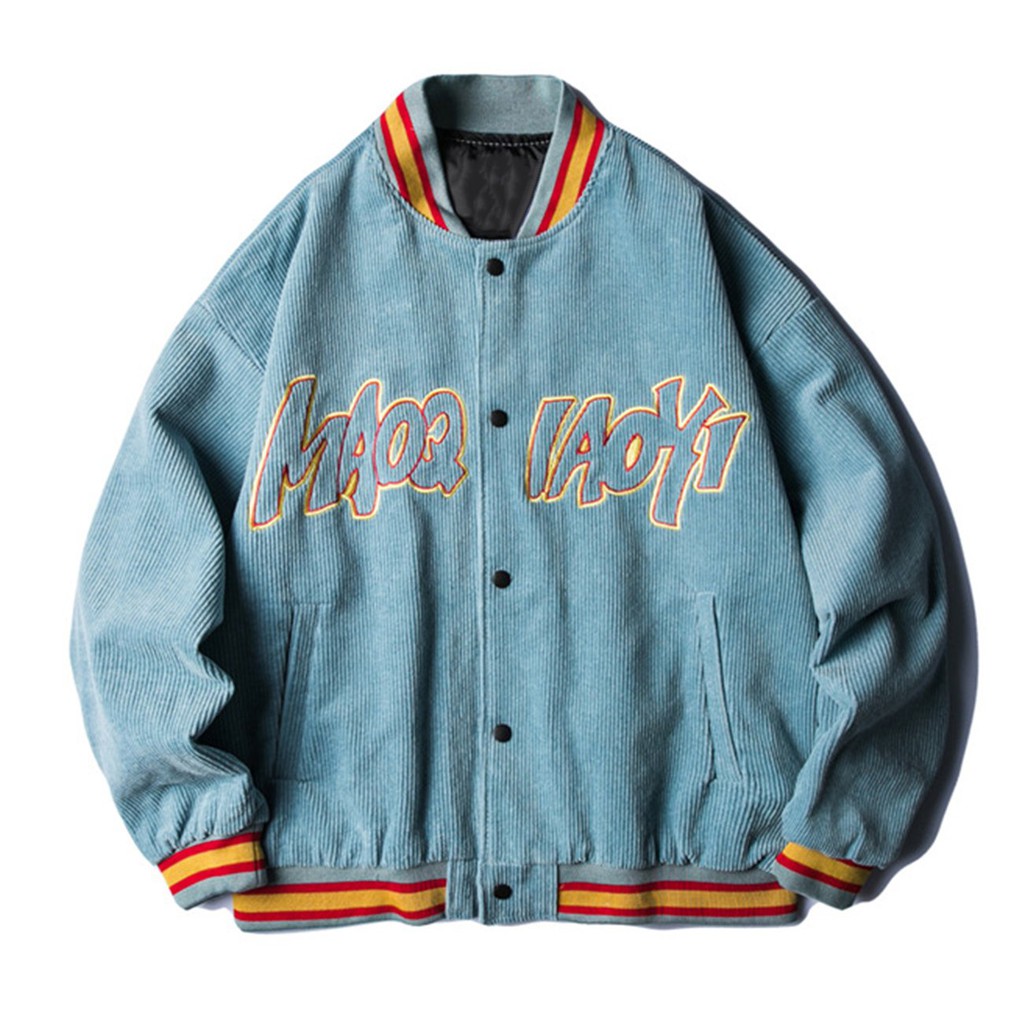 【COD】Streetwear Varsity Jackets Bomber Jacket Men Baseball Coats Furry Bone Patchwork Color BlockLAC