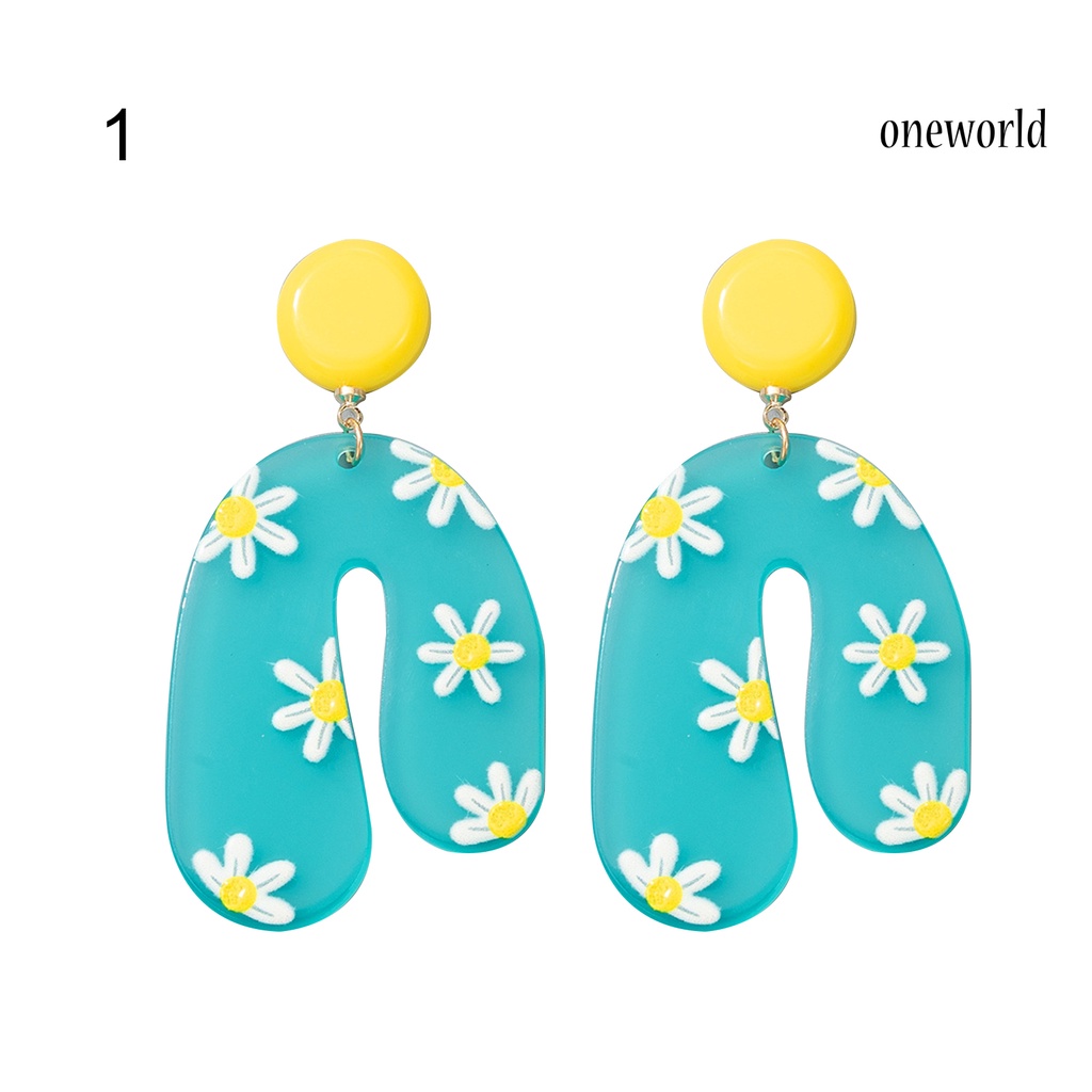 OW# Childlike Printed Flower Bird Pattern Resin Dangle Acrylic Ear Stud Earrings