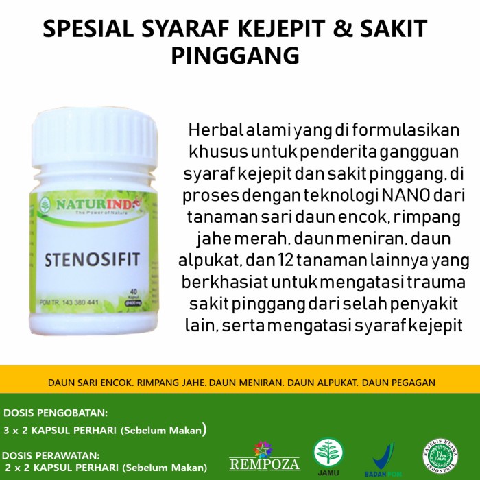 OBAT HERBAL SYARAF KEJEPIT STENOSIFIT NATURINDO TERBARU