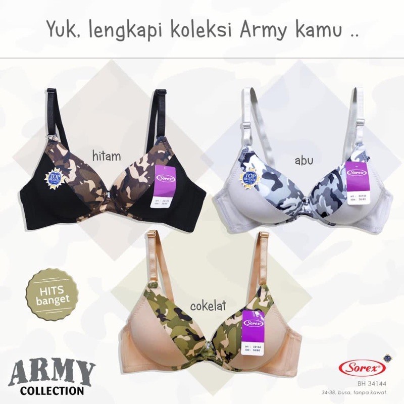 Bra / BH Sorex Wanita Perempuan Tanpa Kawat Motif Army Hiasan Mata Bersinar Sorex 34144