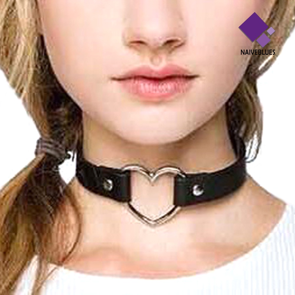 Kalung Bahan Kulit Imitasi Adjustable Bentuk Hati Gaya Punk Untuk Wanita