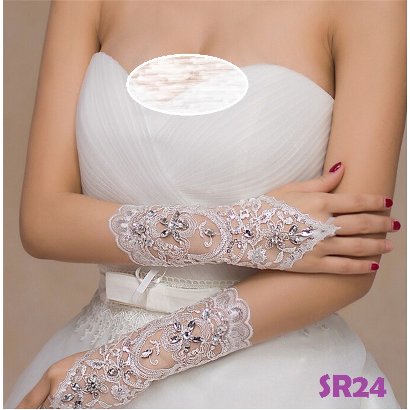 Kode SR24 Sarung tangan pengantin tanpa jari renda anggun elegan