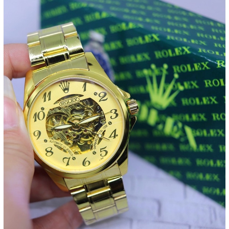 Jam Tangan Pria Rolex Otomatic Transparan Full Gold Stainless Steel