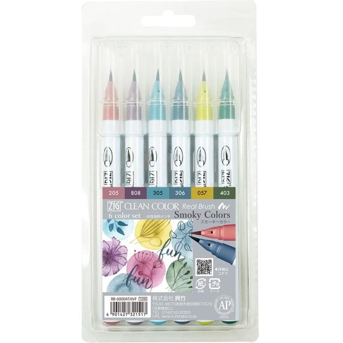 

(BISA COD) ZIG CLEAN COLOR Real Brush, 6 colors set "Smoky Colors"(RB-6000AT/6VF) OBRAL Kode 1372