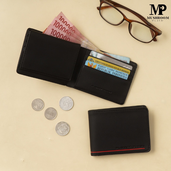 Dompet Pendek Pria Polos Planet Ocean Hitam Underline Merah Original - PO11