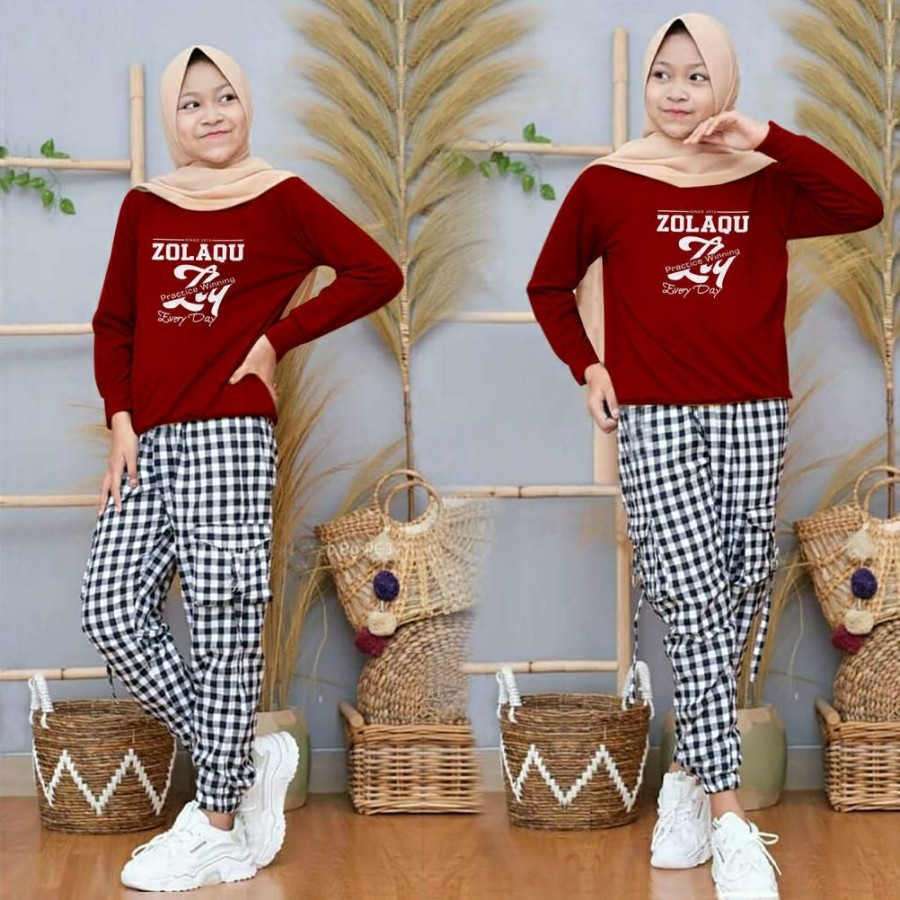 VC399 Setelan Anak Perempuan Kece Set Baju Celana Kotak Keren Modis Bhn Babyterry Kid Usia 9-12th