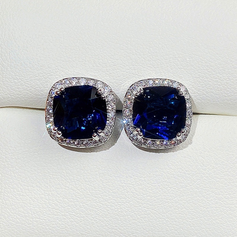 Anting Stud Cubic Zirconia Warna Biru Untuk Wanita