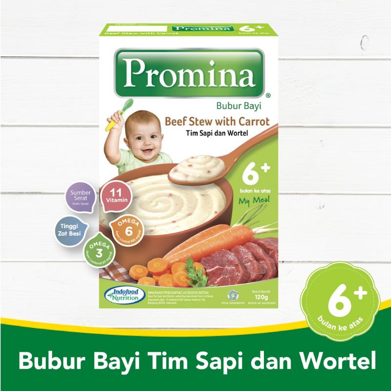 Promina Bubur Bayi 6M+ 120gr / Tim sapi dan wortel / ayam kampung dan jamur / ayam kampung brokoli keju / smooth kacang hijau