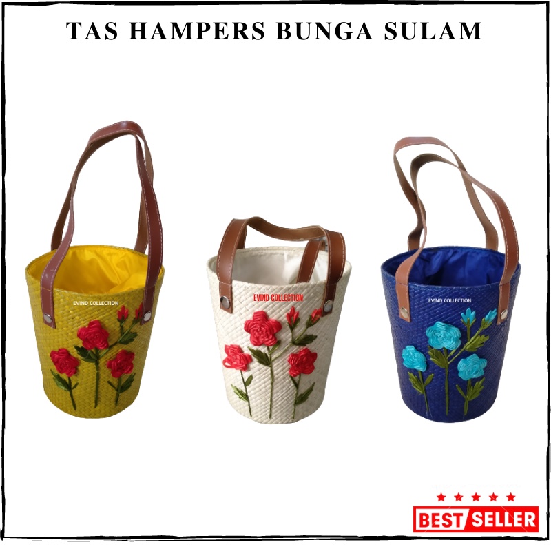 Tas Hampers Anyaman Isi 3 Toples Variasi Bunga Sulam Tali Kulit Sintetis Keranjang Parcel Anyaman Pandan