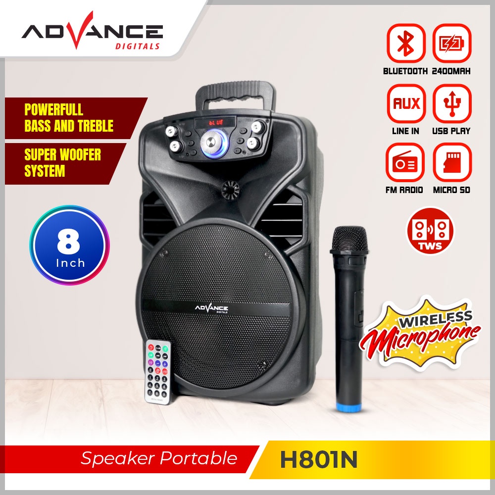 【FREE MIC】ADVANCE 8 inchs Wireless Bluebooth Speaker Portable 2400mah FM Radio Xtra Power Sound H801N Mic Speaker Meeting Rumah dan Luar Ruangan Garansi Resmi 1 tahun