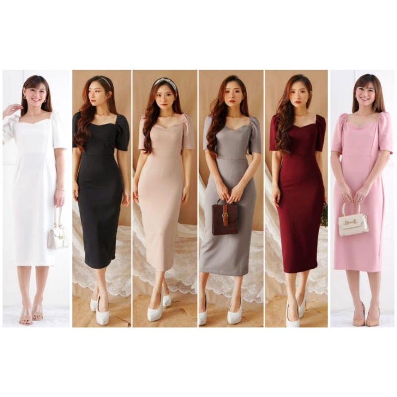 ❣️ SPECIAL PRICE ♡ PREMIUM ♡ ORIGINAL ! JANETH ELEGANT [ SIZE : S &amp; L ] VINTAGE PLAIN BODYCON MIDI SIMPLY PARTY DRESS