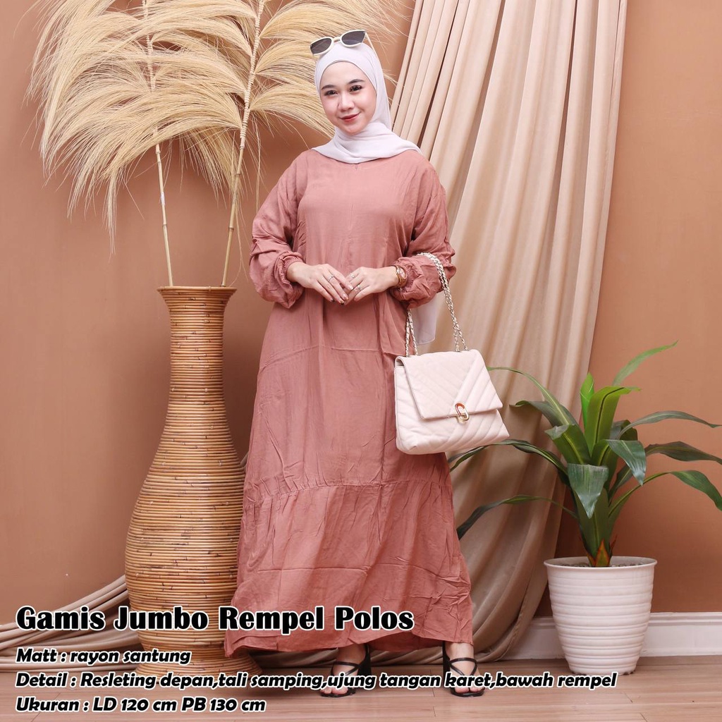 Gamis Wanita Bahan Rayon Polos Resleting Depan