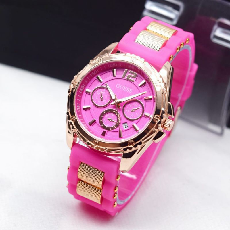 (Grosir)Jam Tangan Wanita Fashion Gues Tanggal Aktif Strap Rubber(Terima Cod)