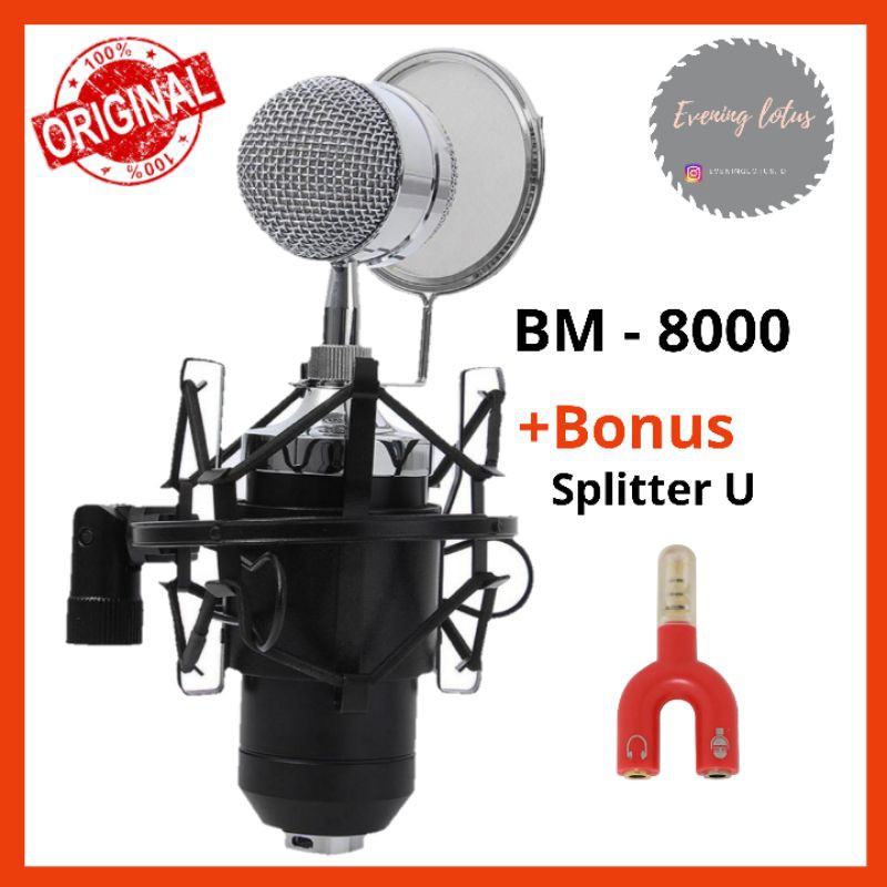 Microphone Mic BM 8000 Bm8000 Microphone Condenser dengan Shock -Black Silver