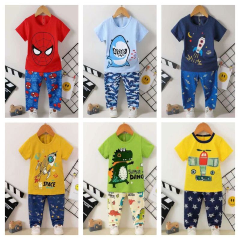 Piyama Anak Cowok Laki Import Setelan Lengan Pendek Celana Panjang Baju Tidur Pajamas Import Dino Spiderman 1 2 3 4 5 6 Tahun