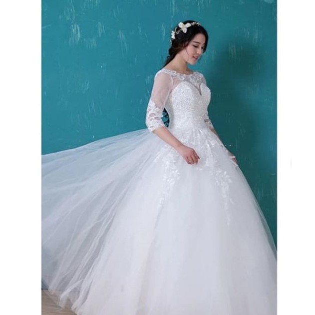 Gaun pengantin DENGAN MODEL LENGAN SESIKU  / ROK  REMPLE WEDDING GOWN PUTIH