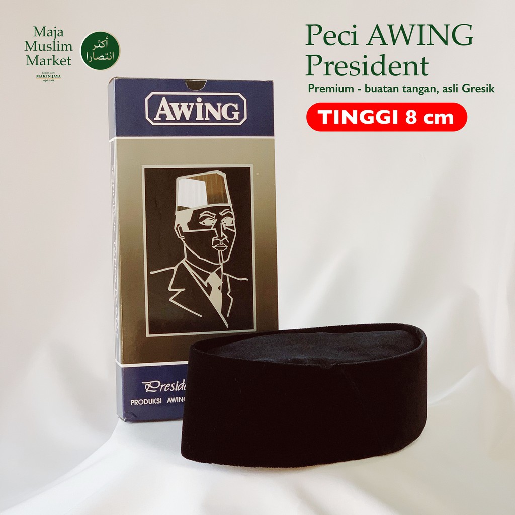 Peci Songkok Kopiah - PRESIDENT AWING Hitam Polos - TINGGI 8 CM - SIZE 3-12 ASLI GRESIK - TERMURAH