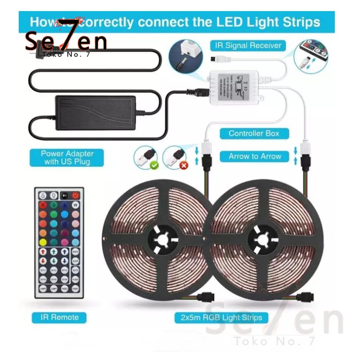 54D Led Strip RGB 5050 IP65 12V Remote 10M 2 Cabang Lengkap