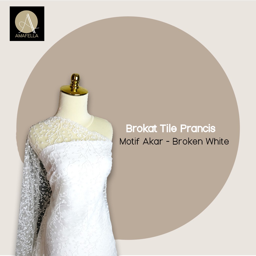 1/2 meter Kain Brokat Tile Prancis Bahan Kebaya Motif Akar Broken White