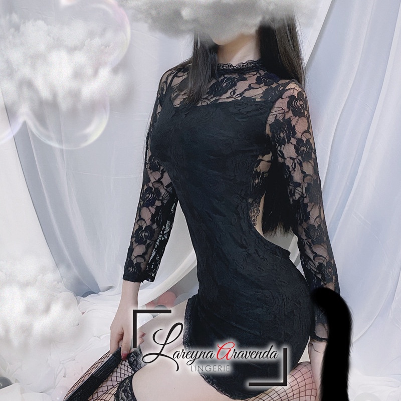Lingerie Set Lingerie + G String Seksi Model Gaun Renda Lengan Panjang LG371(F9M6) Lingerie Satin Ba