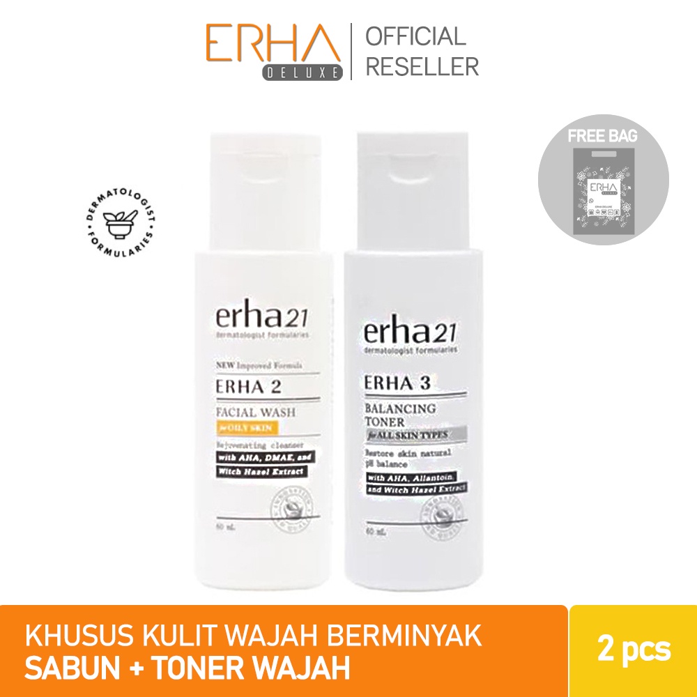 ERHA Paket Pembersih Wajah dan Toner - ERHA 2 + ERHA 3 - Kulit Berminyak dgn PHA AHA Niacinamide