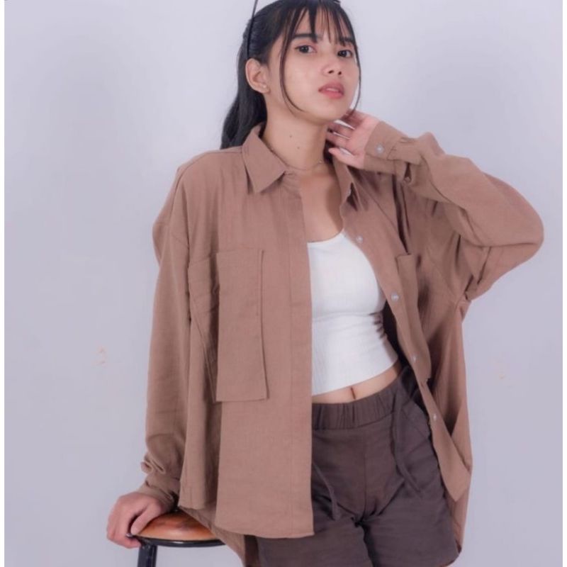 NIKI SHIRT KEMEJA LINEN SHIRT OVERSIZE - KEMEJA LINEN CRINGKLE WANITA PREMIUM