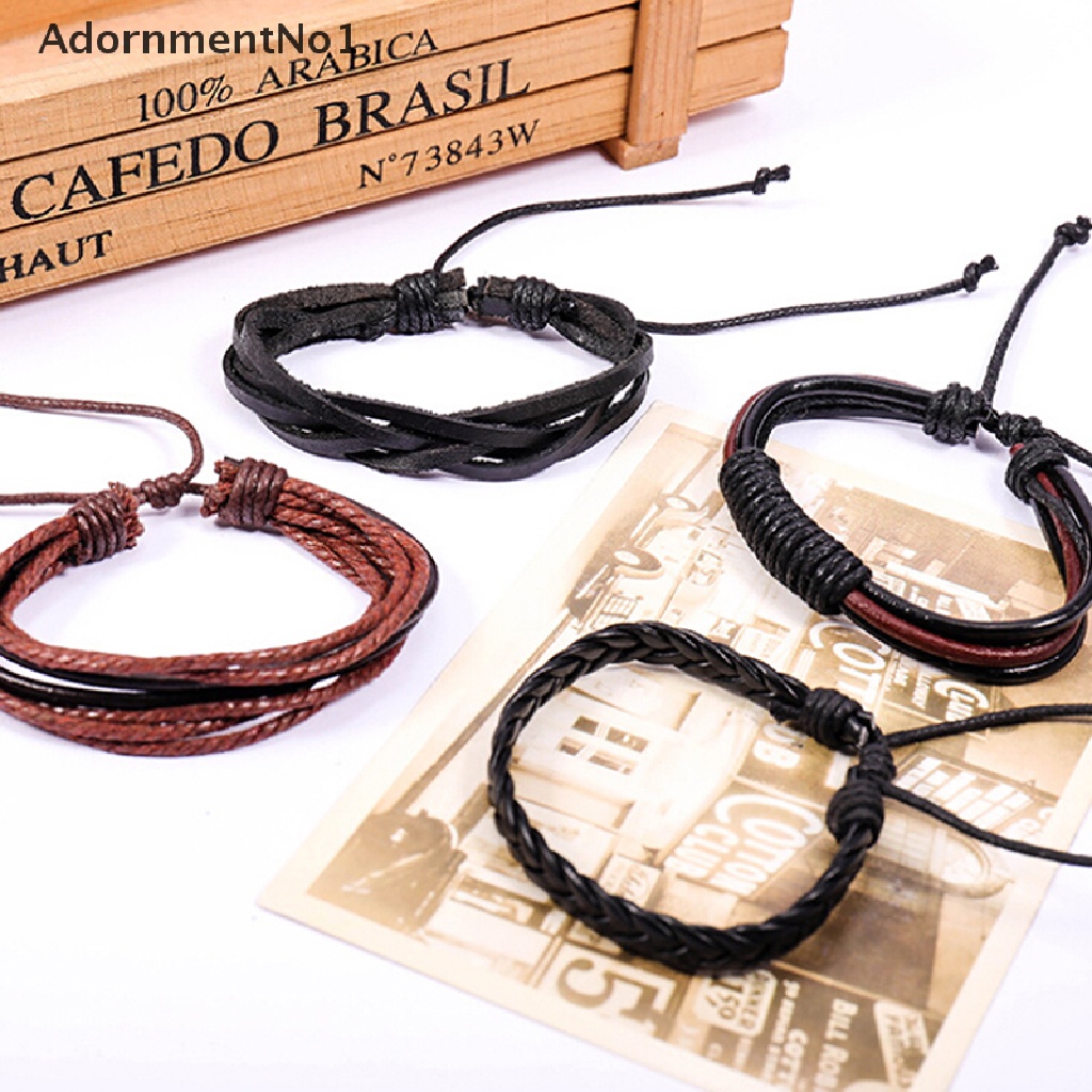 (AdornmentNo1) 4pcs / Set Gelang Tangan Tali Kulit Multilayer Motif Kepang Handmade Untuk Pria