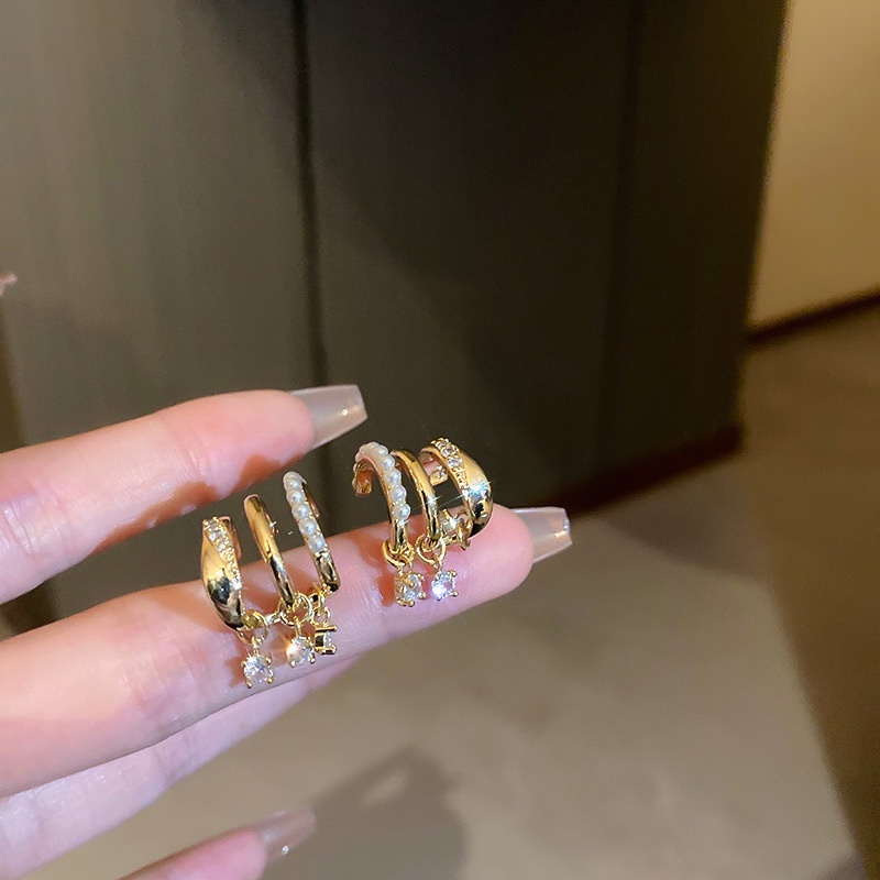 Anting Tusuk Gantung Wanita Desain Geometri Multi Layer Hias Mutiara + Zircon Gaya Korea Untuk Pesta