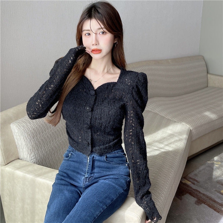 Suhao French Square Neck Lengan Panjang Kemeja Bawahan Renda Wanita Atasan Kemeja Kecil Lengan Panja