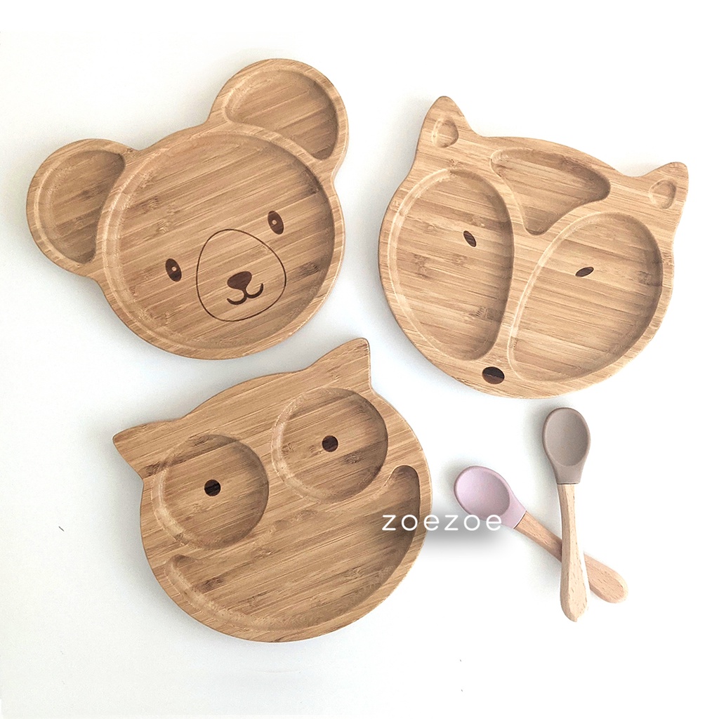 ZOEZOE Bamboo Suction Plate Spoon Set Piring Sendok Makan Anak Bayi Bambu Silikon bukan Eco Rascals
