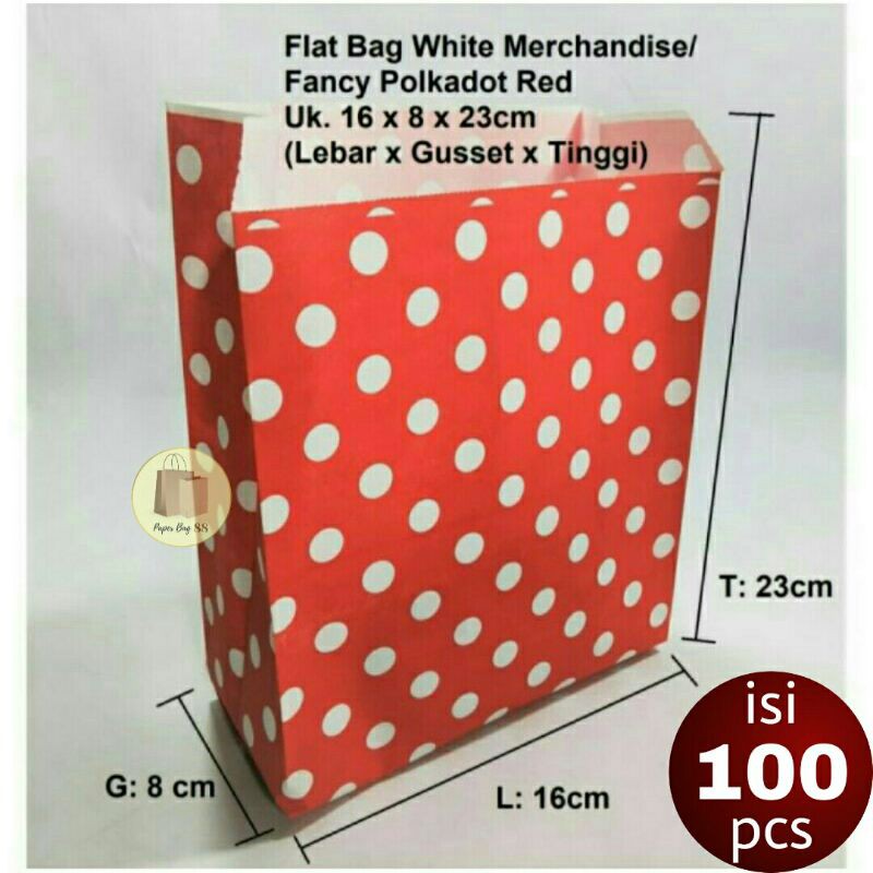 

Paperbag Flat Kantong Kertas Souvenir Polkadot Merah 16x8x23 cm (isi 100 pcs)