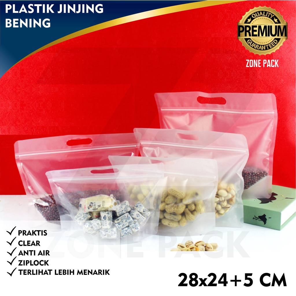 Plastik Jinjing Bening 28x24 cm | Pouch Bening | Plastik Bening Jinjing Dengan Pegangan dan Ziplock 