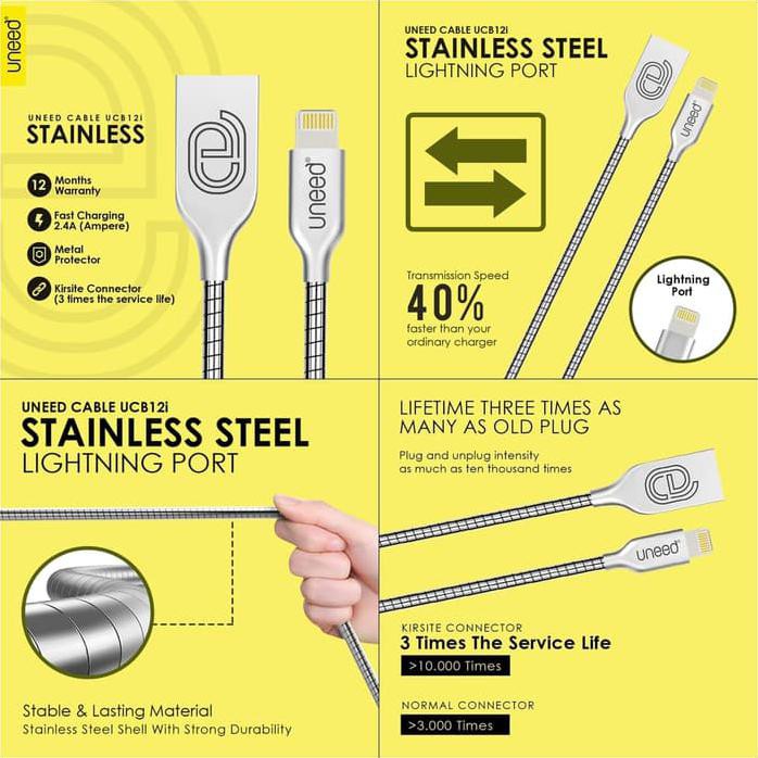 KABEL DATA UNEED STAINLESS STEEL LIGHTNING USB 1M /CABLE UCB12I - SILVER TOP IN