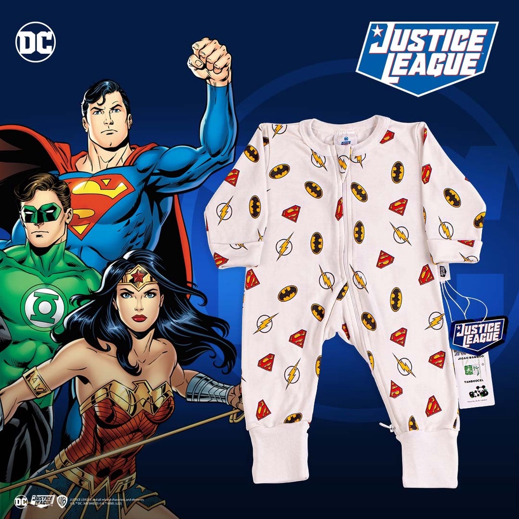 Baju Bayi Kodok Panjang / Jumpsuit Zipper Bamboo Print ( Justice League) Best Quality SNI Size NB &amp; 0-3 Bodysuit