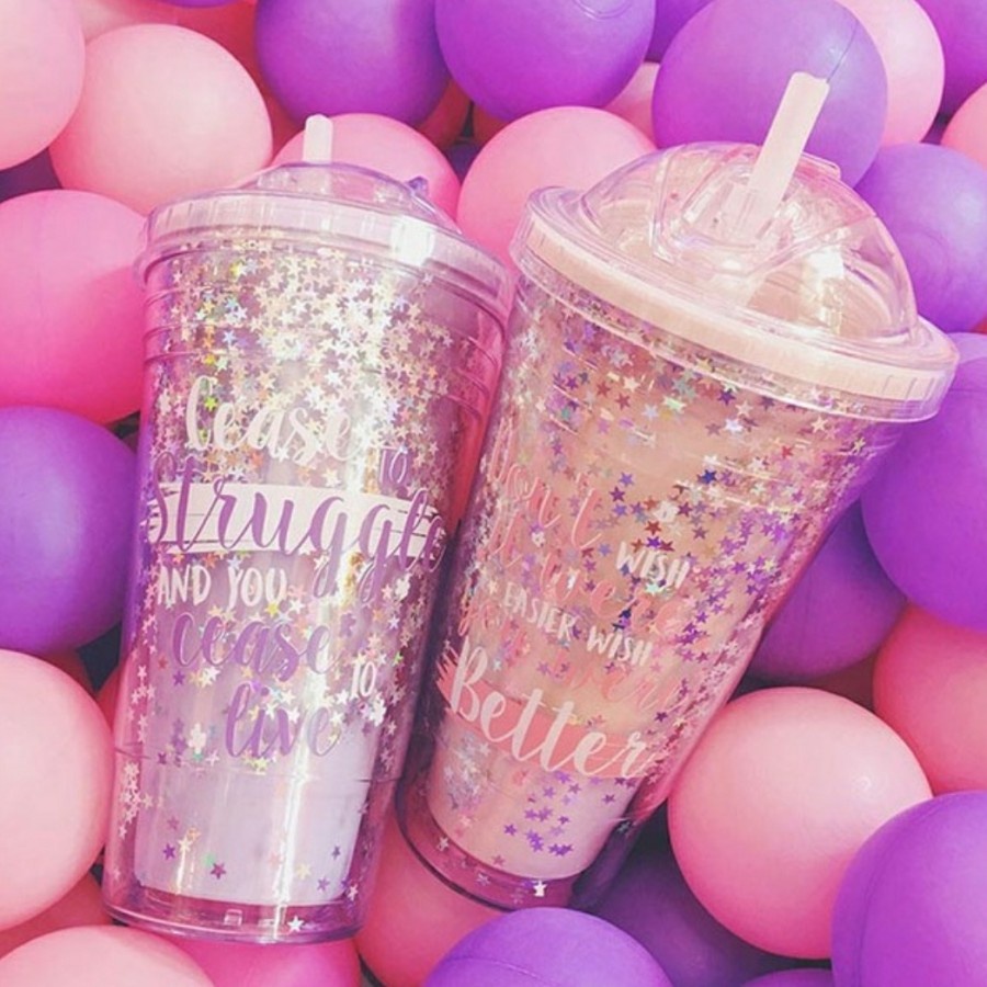 Botol Minum Glitter Gelas Glitter Tumbler Cups Blink Gelas Botol Minum Air Sedotan 450ml