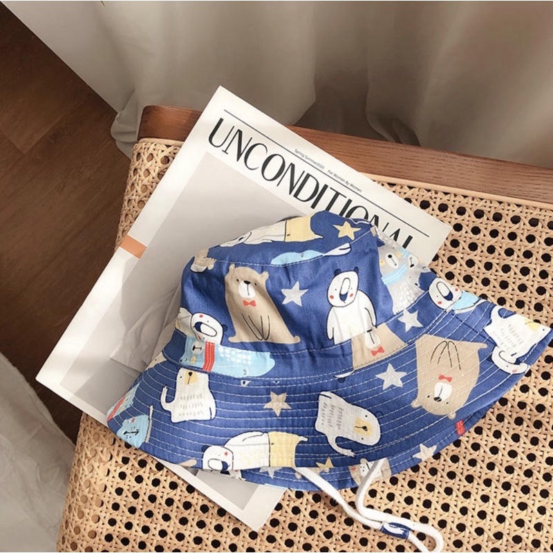 Topi Bucket Anak Bayi Balita Model Animal Tali Serut-Biru beruang