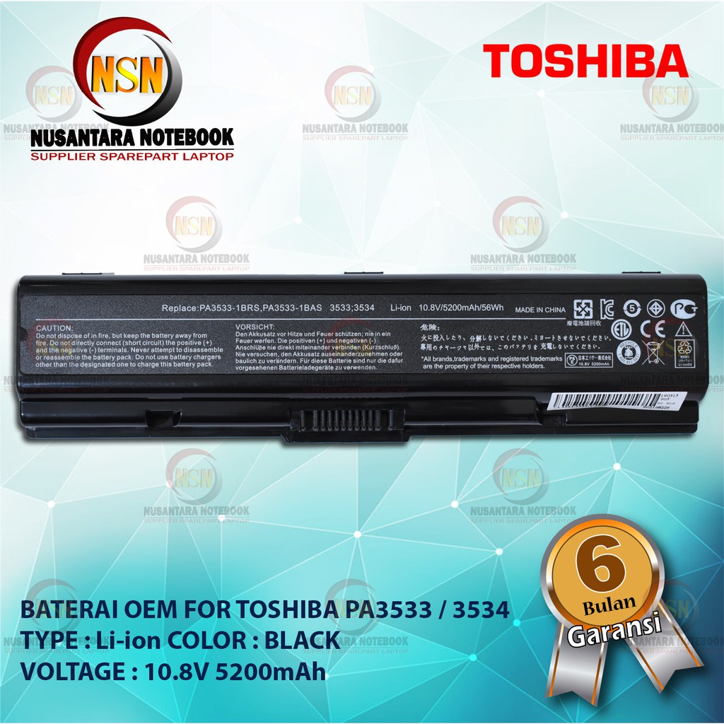 Baterai OEM For Toshiba PA3533 PA3534 PA3781 Series 10.8V 5200mAh