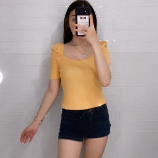 2610 Baju Atasan lengan pendek polos leher terbuka puff balon rajut knit import impor cewek style Ko