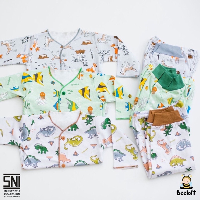 Beeloft Setelan Panjang &amp; Pendek Kancing Depan NewBorn 3pcs - Colorful Animal Series