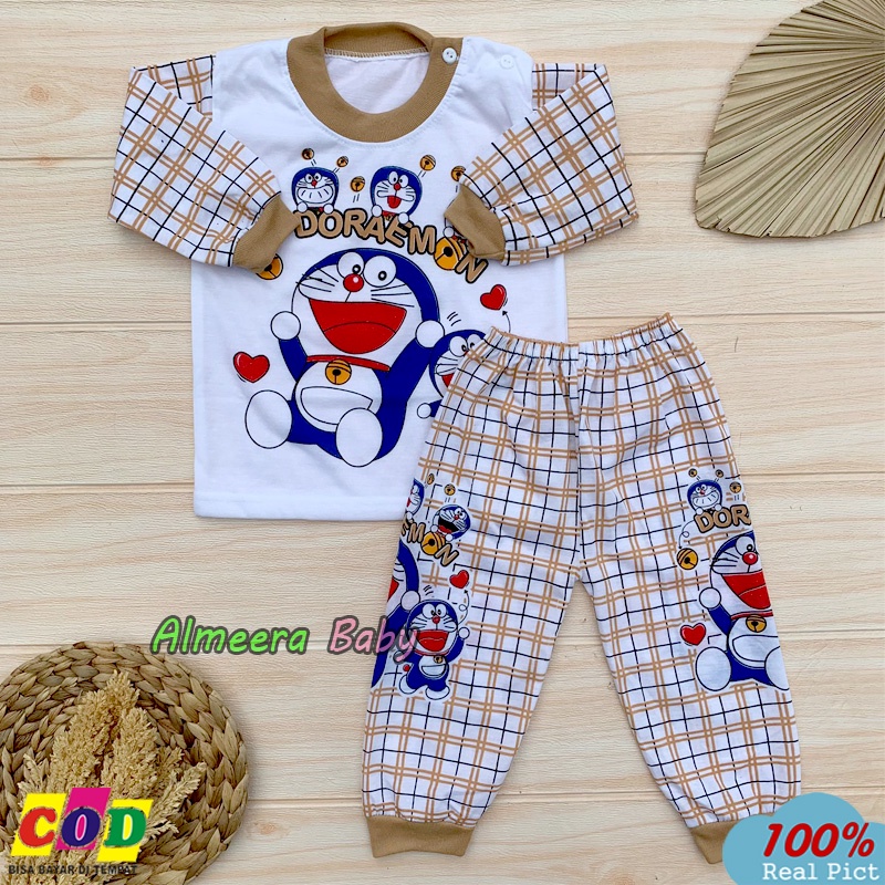 Setelan baju Tidur Bayi Lengan Panjang  Piyama Anaka Usia 6-12 Bulan Karakter Doraemon Almeera Baby