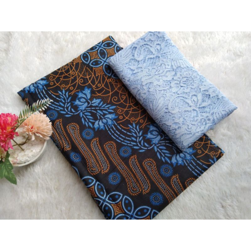 Set Kain Batik Bahan Katun Brokat Warna Biru muda