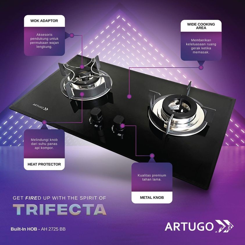 Artugo Built In Glass Gas Hob/Kompor Tanam Gas AH 2725 BB Panjang 75cm