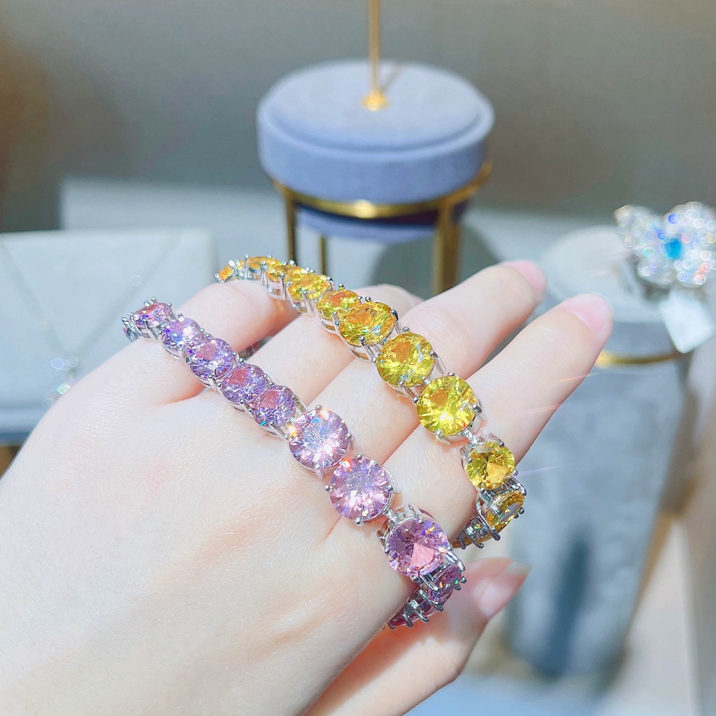 Gelang Bahan Stainless Steel Hias Kristal Berlian Zirkon Warna Pink Untuk Wanita