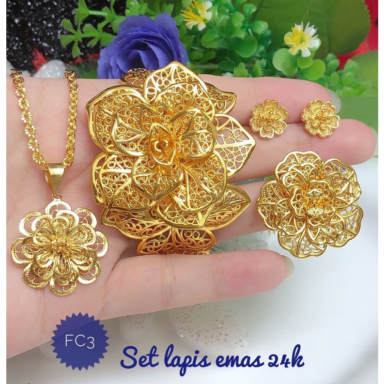(MEI) TERMURAH Set Perhiasan Xuping Lapis Emas 24 Karat Gelang Cincin Kalung Anting Liontin Bunga Ma