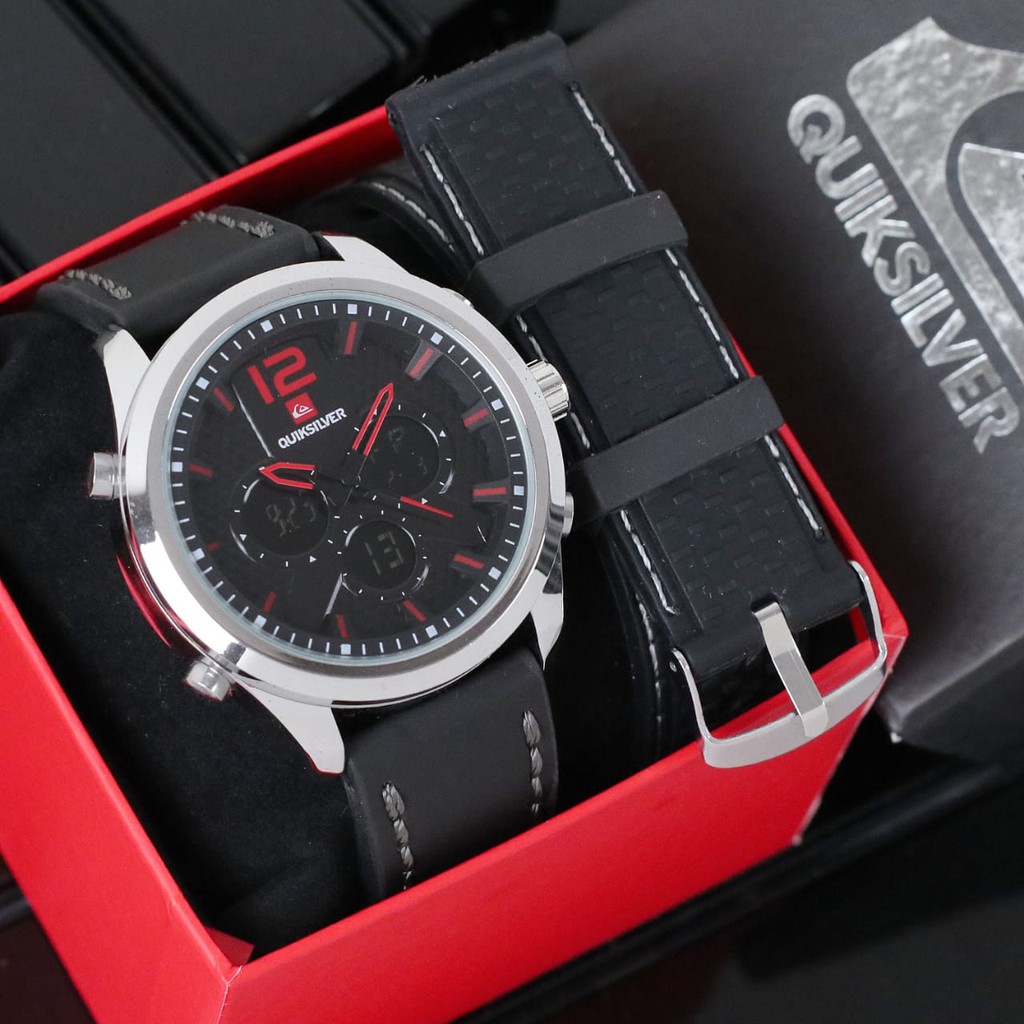 Jam Tangan Pria Dual Time QS Tali Kulit Premium Plus Tali Kulit & Kotak